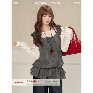 HEYNEW假两件波点花苞荷叶边下摆无袖T恤女早春宽松百搭系带上衣