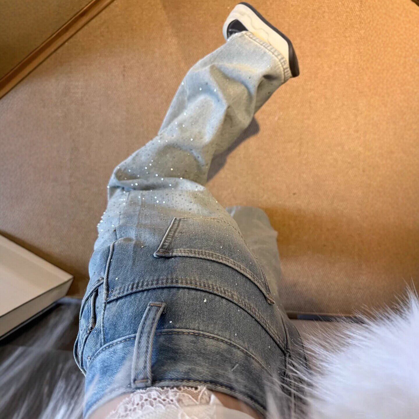 烫钻牛仔裤女梨型身材春季新款大码胖mm高腰显瘦宽松阔腿拖地长裤