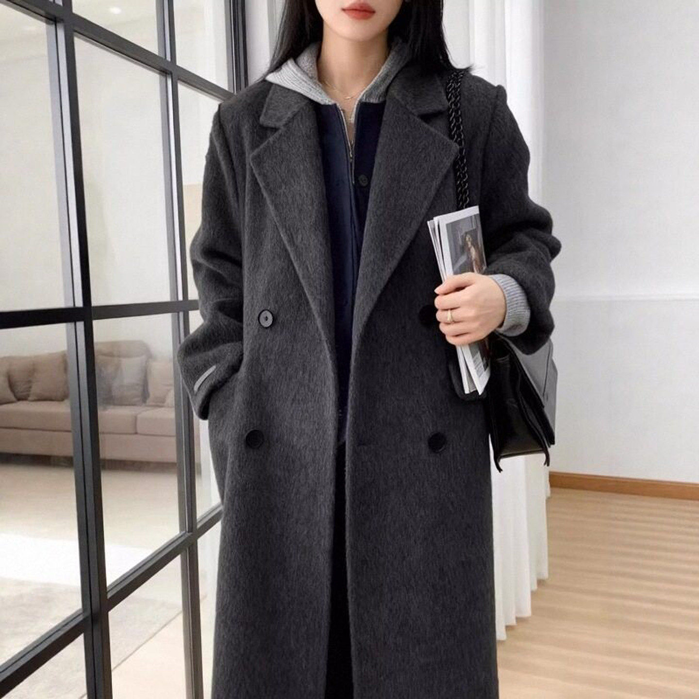 黑灰色双面羊绒羊毛呢子大衣女2025冬季新款高级感小个子毛呢外套