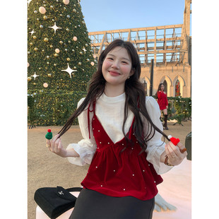 火火火【流光白茶】韩版高级法式喇叭袖长袖衬衫女半高领气质上衣