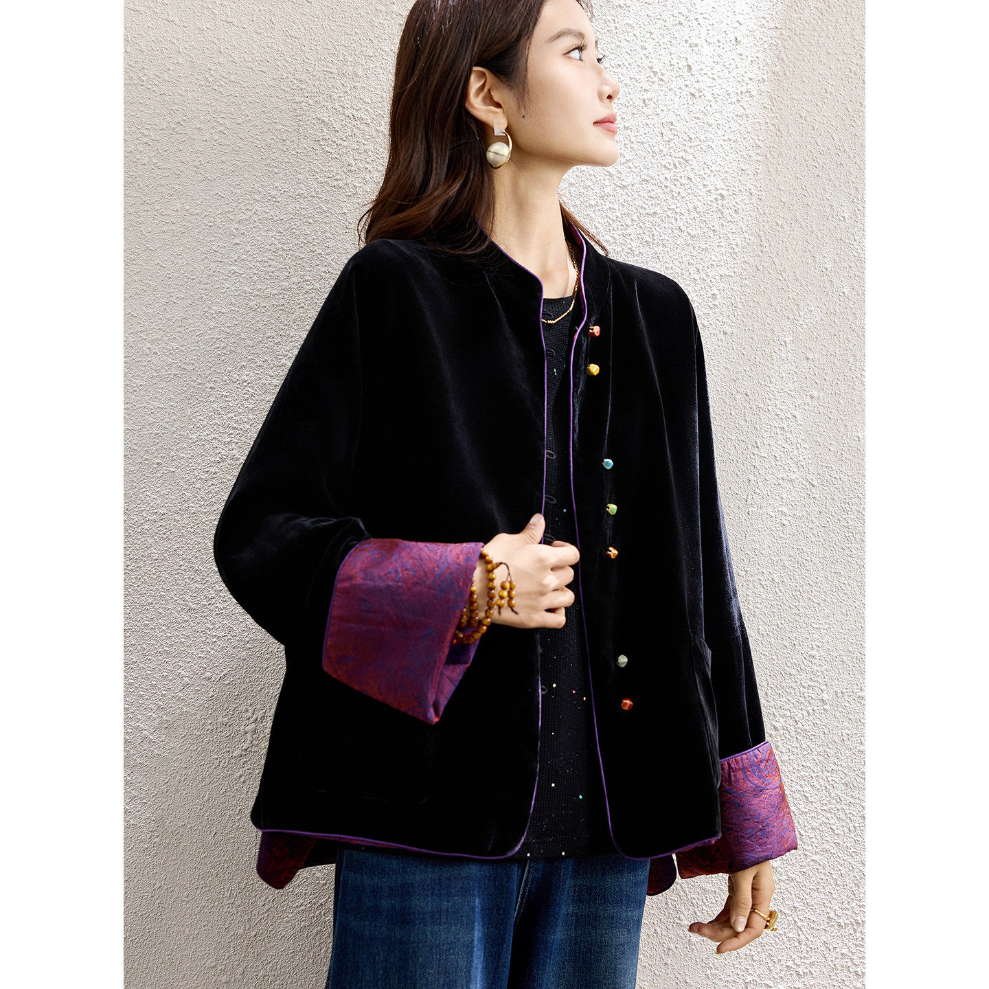 素木新中式双面穿丝绒外套女2025年秋冬新款气质外搭大码女装上衣