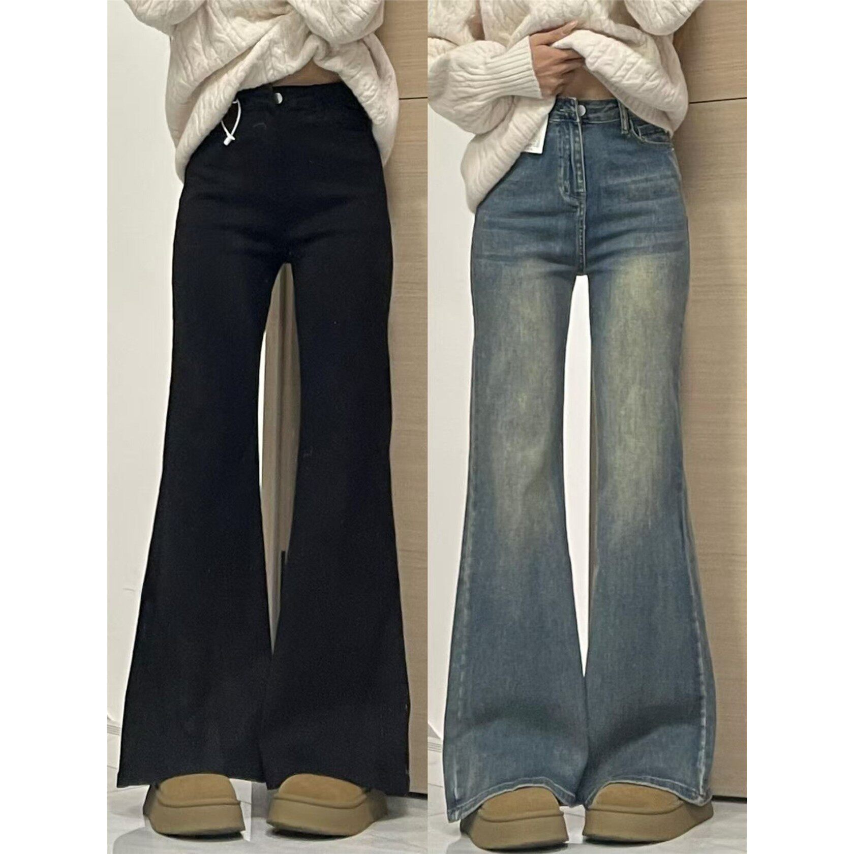 覆古蓝微喇牛仔裤女秋冬加绒大码胖mm显瘦高腰弹力梨型身材喇叭裤