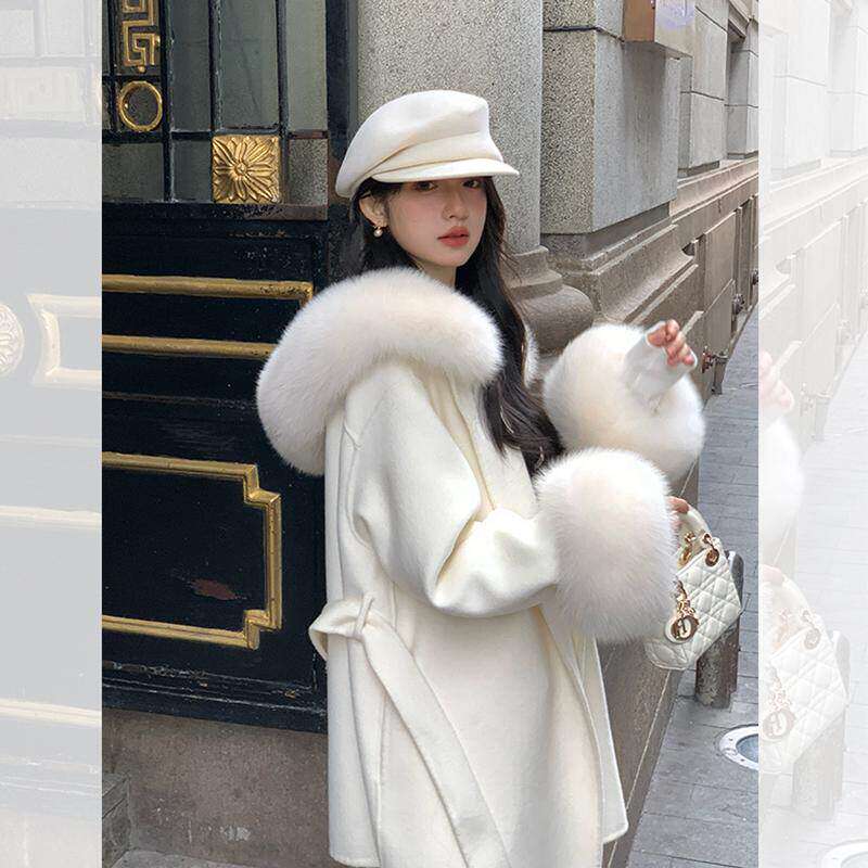 白色大狐狸毛领双面羊绒大衣女2025秋冬新款连帽小个子羊毛呢外套