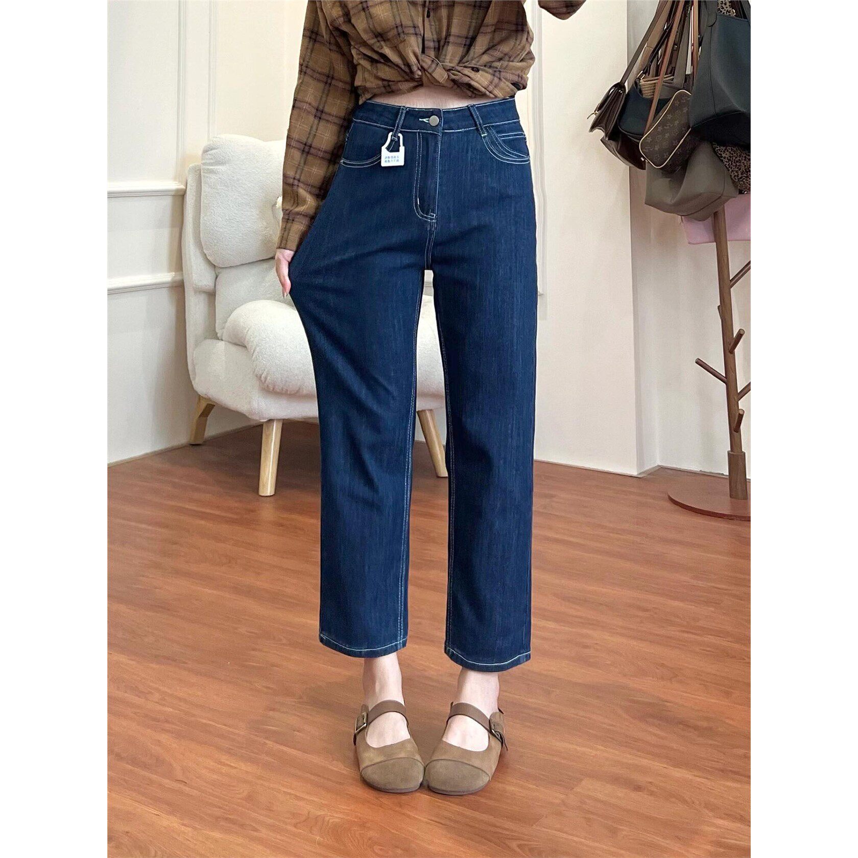 深蓝色九分直筒牛仔裤女春季款大码胖mm高腰显瘦弹力小个子法棍裤