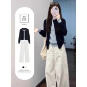 女 穿搭一整套独特超好看套装 蓝色学院风假两件针织开衫 韩系早秋季