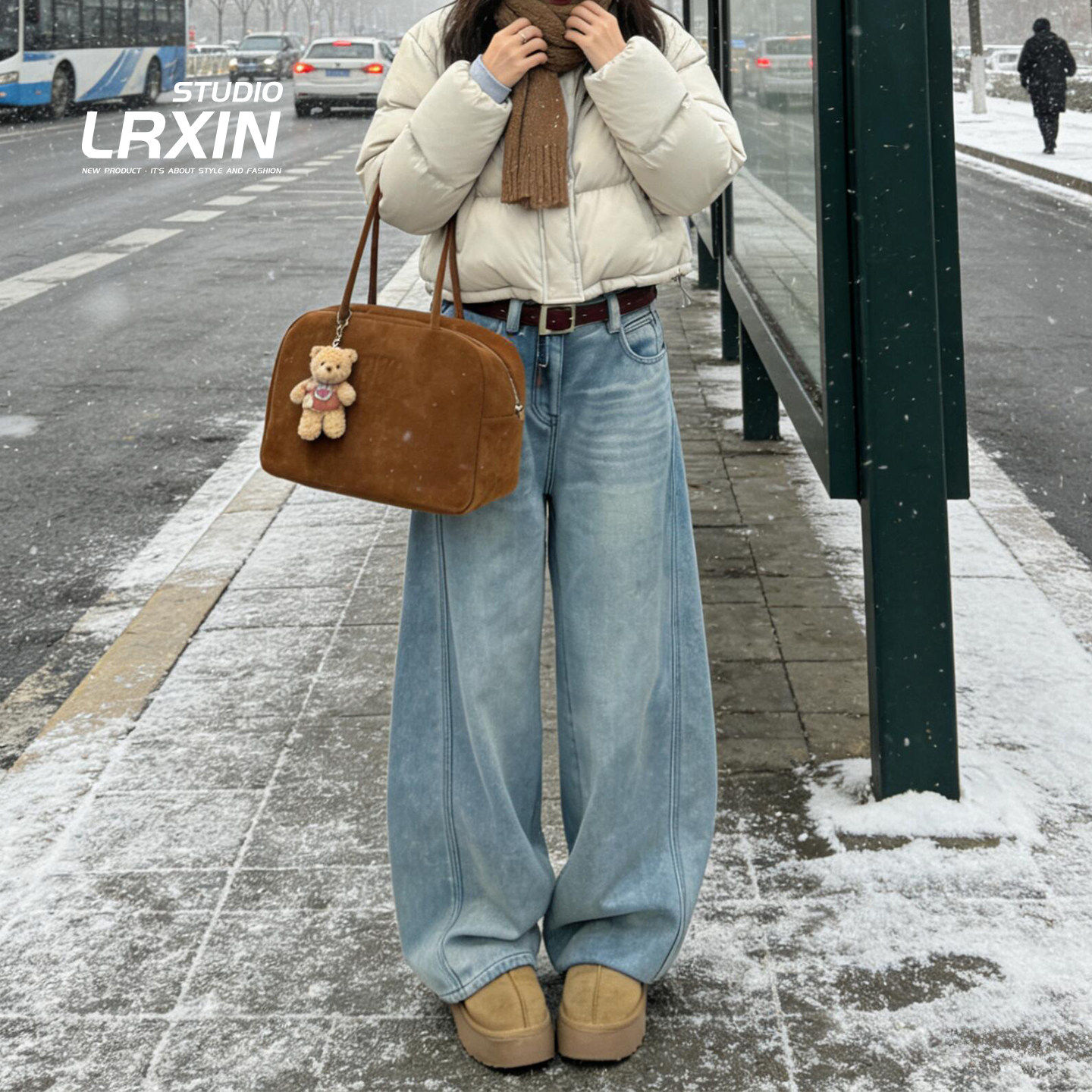 美式浅蓝阔腿牛仔裤女加绒加厚2026新款冬季高腰宽松显瘦弯刀裤子