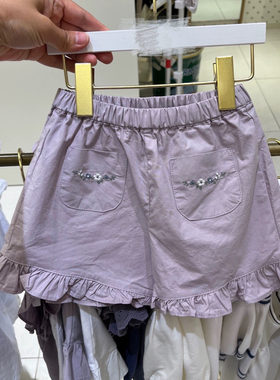 韩国su家童装 24夏裤子 薄款棉麻紫色绣花百搭荷叶边女宝童短裤Ac