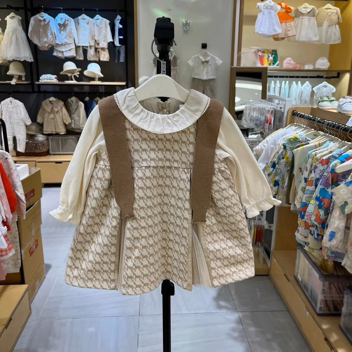 韩国童装 24秋新款女宝重工小马提花纯棉针织披肩满印公主连衣裙