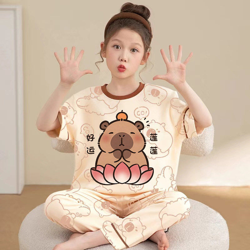 法国Anseola女童睡衣短袖长裤纯棉卡皮巴拉春夏季女孩薄款2026新