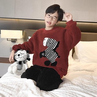 法国Uamtor男童秋冬珊瑚绒睡衣套装2025新款加绒红色法兰绒家居服