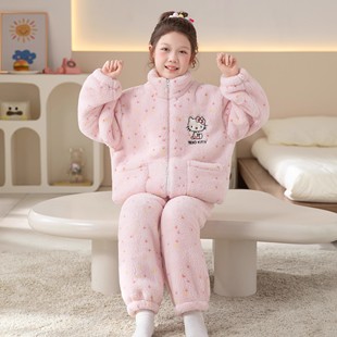 法国Uamtor女童睡衣秋冬2025新款珊瑚绒加厚大童女孩法兰绒家居服