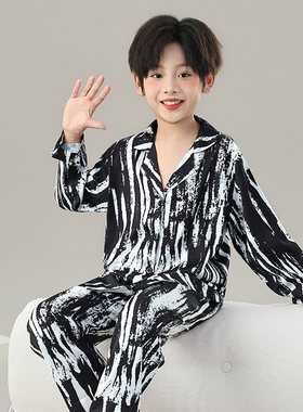 法国Anseola男童冰丝睡衣2026新款大儿童家居服春夏长袖长裤空调