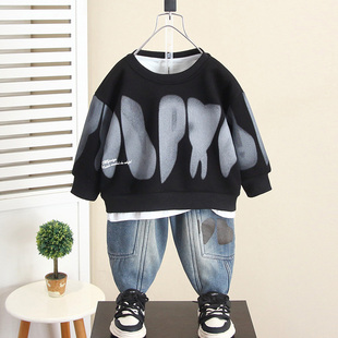 法国Anseola男童冬装套装加绒加厚2025儿童假两件卫衣宝宝牛仔裤