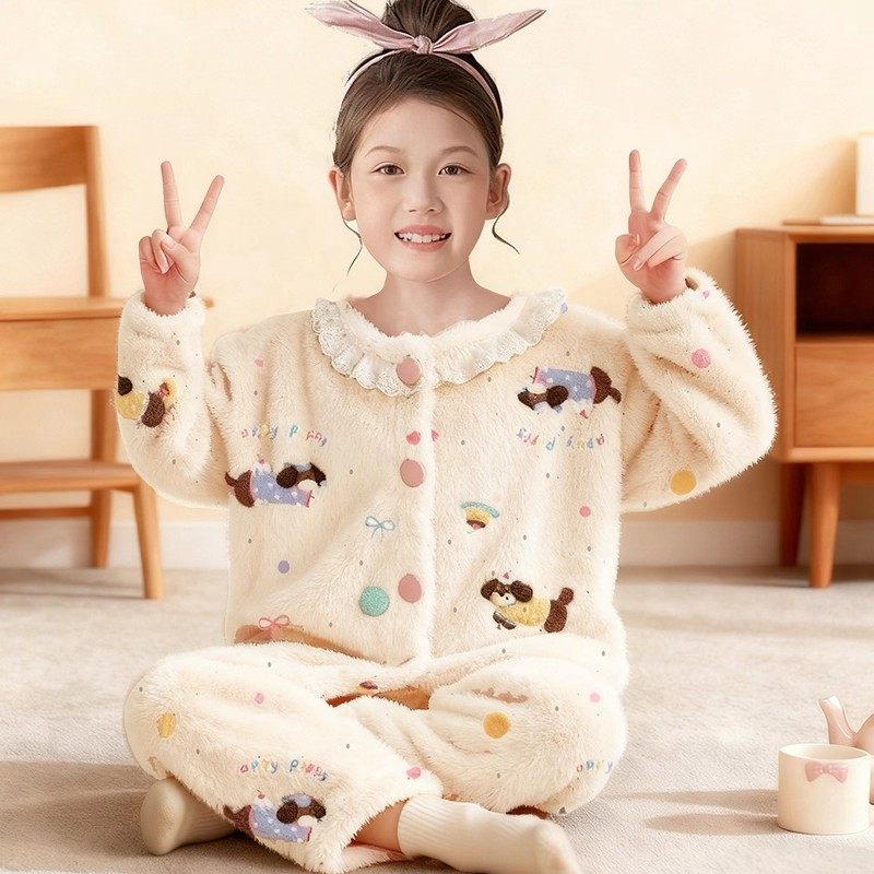 英国DHWA儿童秋冬季睡衣珊瑚绒法兰加绒加厚款保暖家居服2025新款
