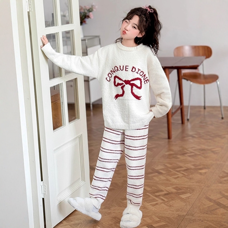 英国DHWA女童秋冬2025新款半边绒睡衣加厚保暖珊瑚绒家居服套装