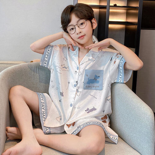 法国Anseola2026新款男童睡衣儿童夏季冰丝短袖薄款洋气男孩青少