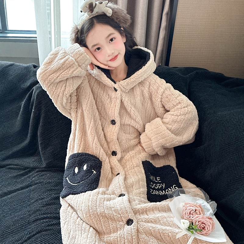 法国Uamtor女童冬季款珊瑚绒睡袍加厚2025新款法兰绒睡裙浴袍浴巾