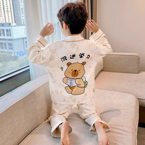 法国Anseola男童睡衣长袖纯棉薄款春秋季卡皮巴拉小男孩中大童秋