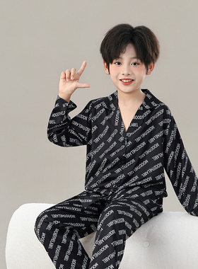 法国Anseola男童春季睡衣冰丝长袖长裤2026新款大儿童夏季薄款空