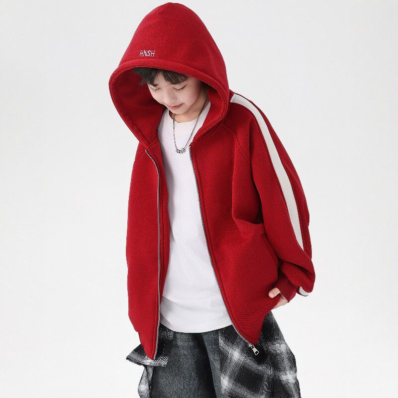 法国BADNUT男童秋冬卫衣外套加绒加厚2026新款中大童儿童连帽红色