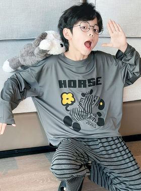 法国Anseola春夏薄款牛奶丝睡衣男童青少年长袖长裤2026新款大儿