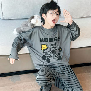 2026新款 长裤 大儿 牛奶丝睡衣男童青少年长袖 法国Anseola春夏薄款