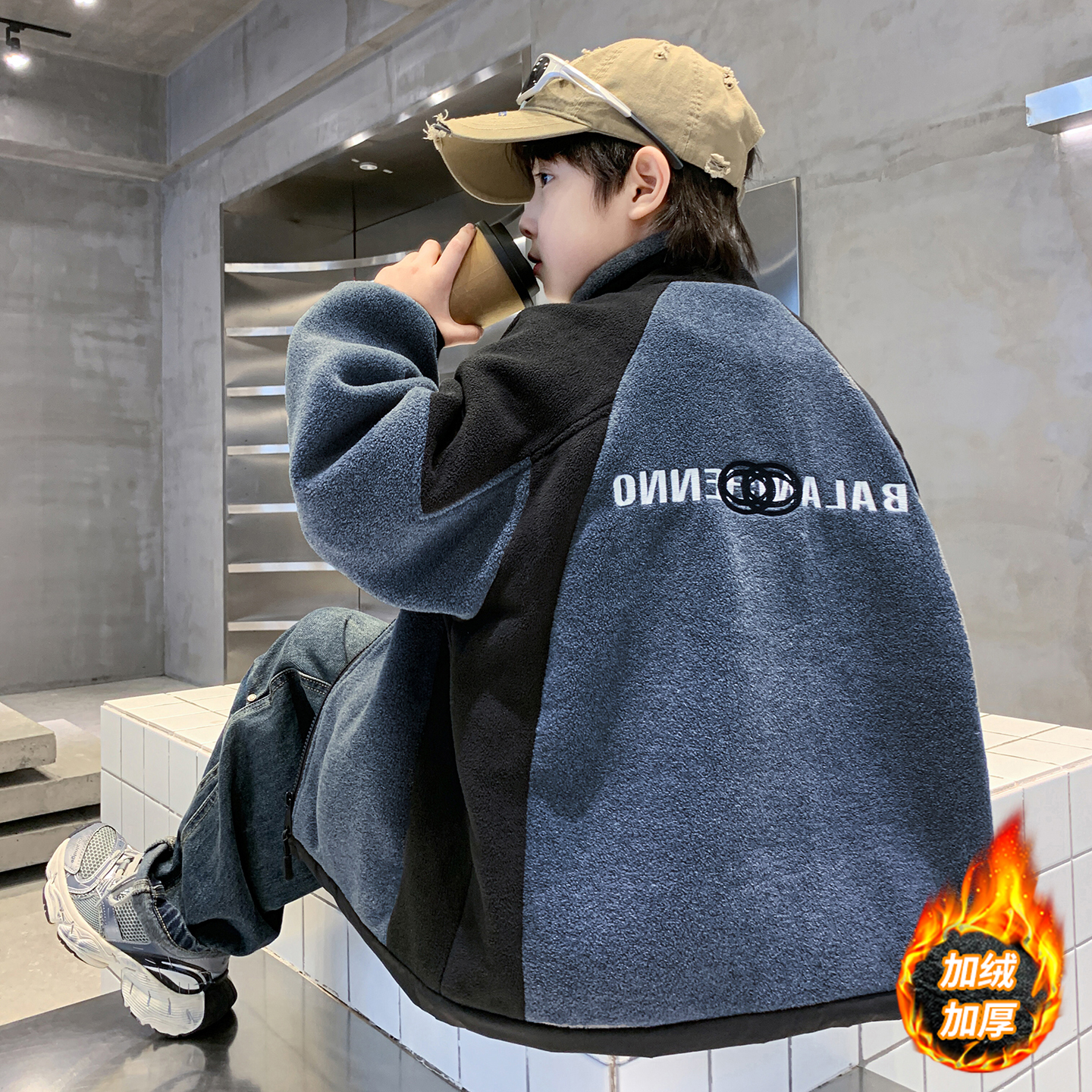 法国Anseola男童外套秋冬款洋气儿童装加绒加厚毛毛衣中大童棉服