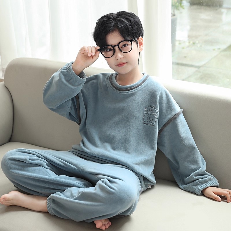 英国DHWA男童睡衣法兰绒秋冬季保暖家居服男孩加厚外穿套装加绒