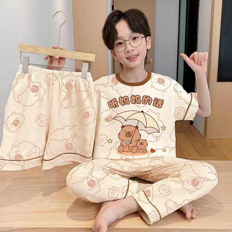 法国Anseola儿童睡衣男孩纯棉短袖长裤三件套夏季薄款中大童男童