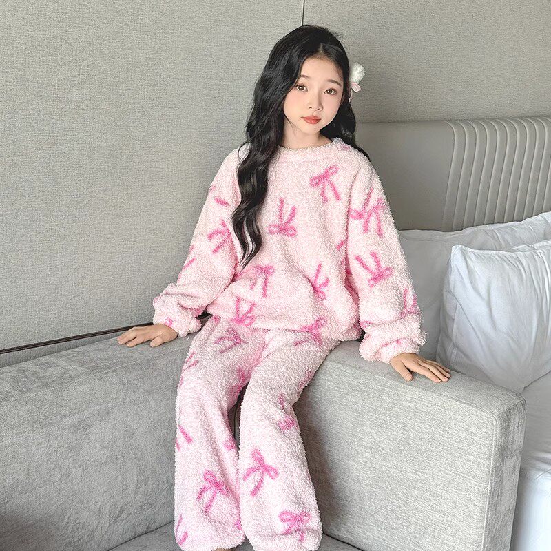 法国Uamtor女童秋冬季款加绒睡衣可爱保暖套装2025新款加厚家居服