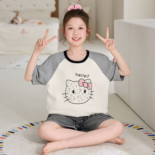 法国Anseola儿童睡衣女童夏季薄款纯棉短袖2026新款可爱女孩中大