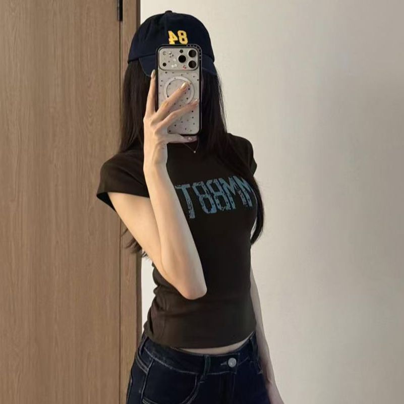 夏季修身圆领短上衣女生模糊做旧立体字母印花小个子显高辣妹短袖