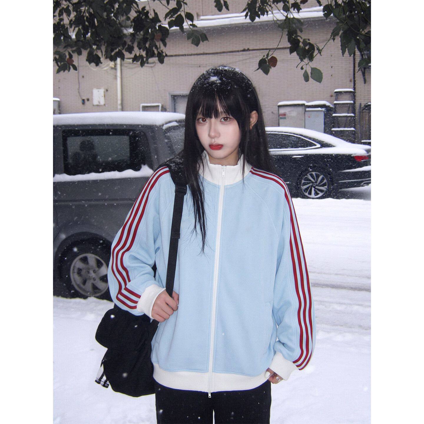 韩系ins蓝色条纹撞色华夫格立领卫衣女大学生秋冬休闲减龄外套潮