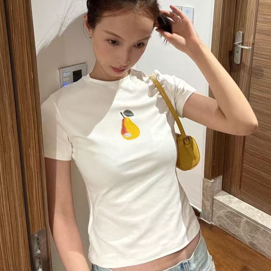 梨子印花小众棉质圆领正肩白色短袖T恤女修身显瘦设计感短款上衣