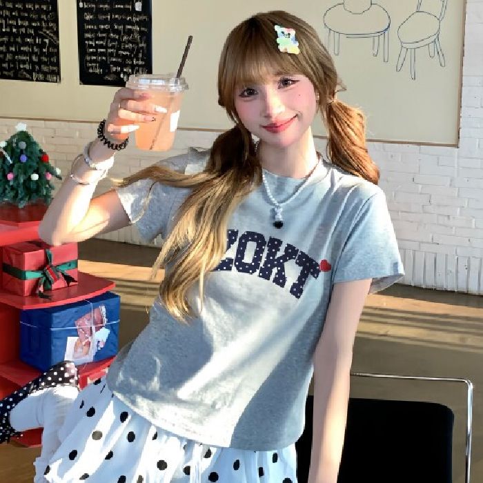 夏季新款韩版印花正肩短袖t恤女圆领休闲修身时尚百搭印花上衣ins