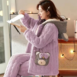 睡衣女冬季珊瑚绒三层加厚加绒家居服女士冬天三层夹棉套装可外穿