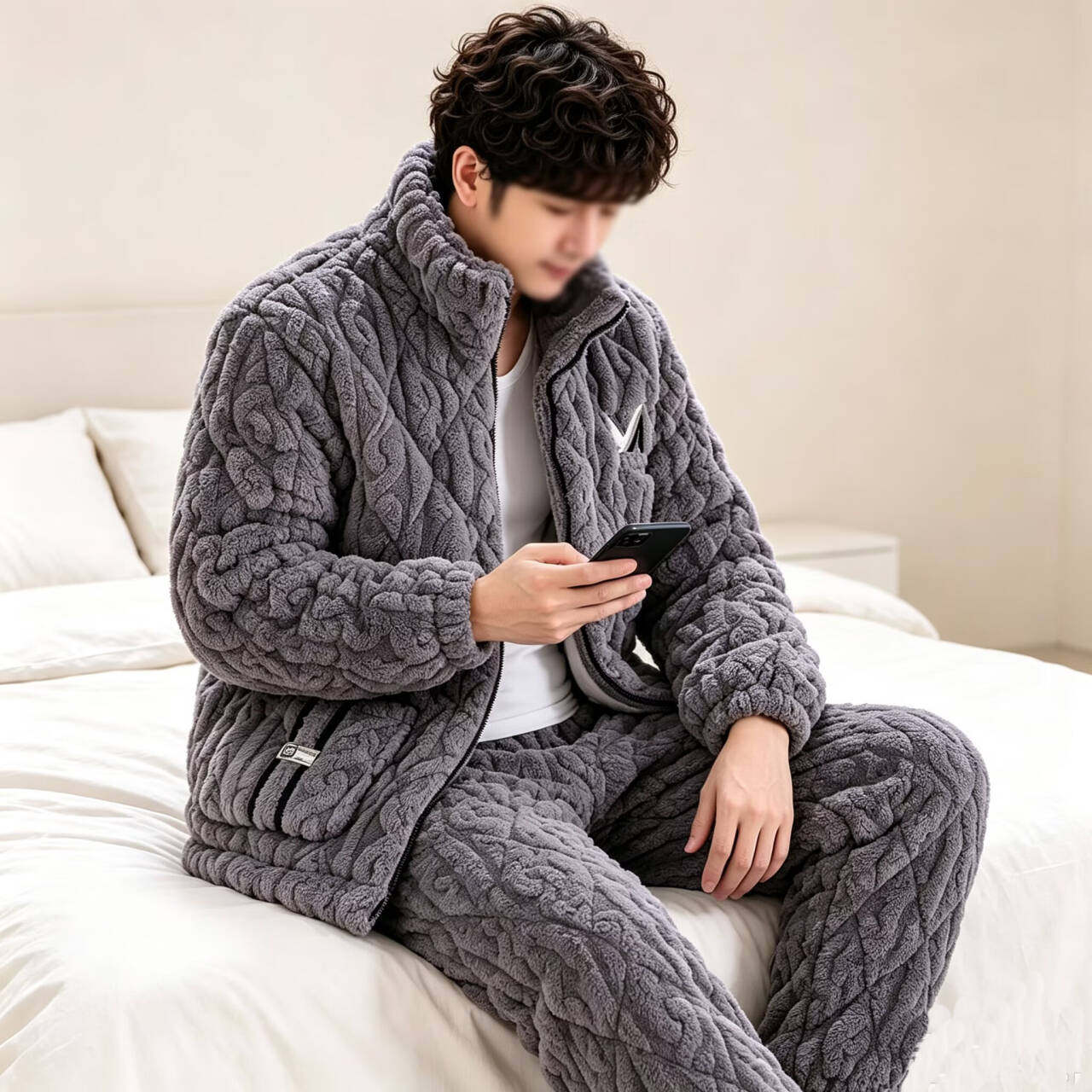 冬季男士珊瑚绒夹棉保暖家居服