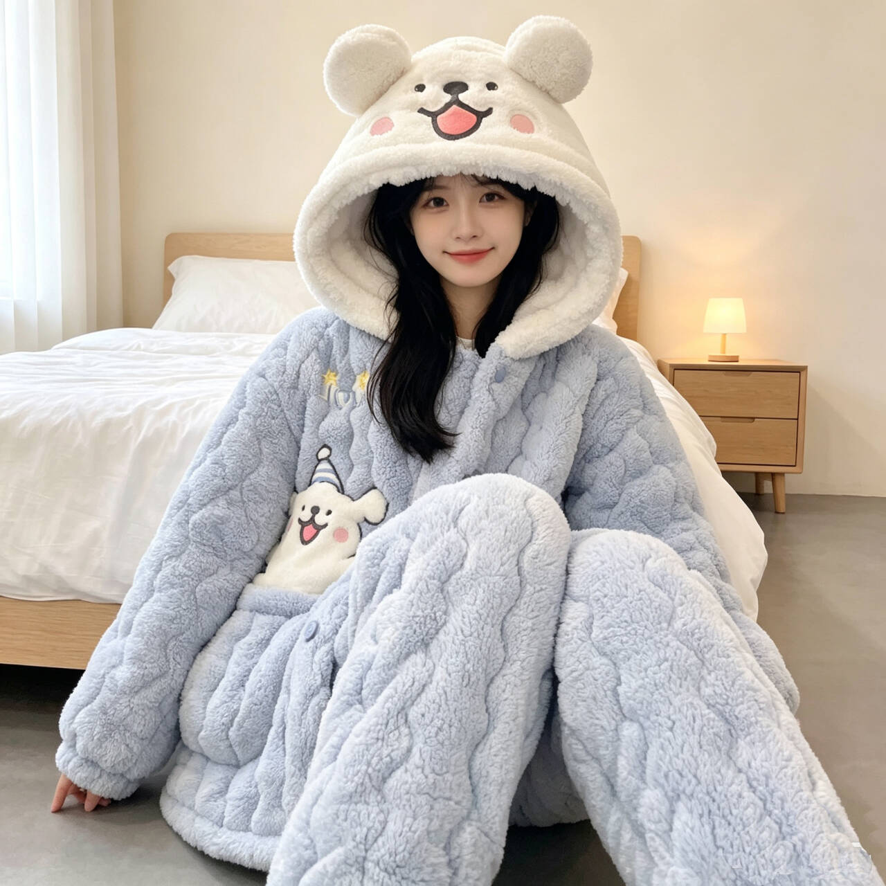 秋冬女款连帽珊瑚绒加厚家居服