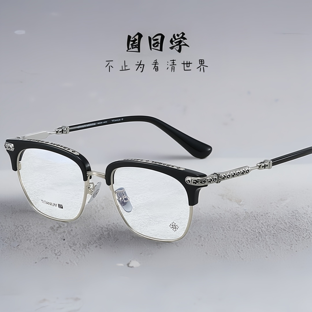 克罗周杰伦同款手作复古雕花加宽眉框大脸板钛眼镜男可配近视变色