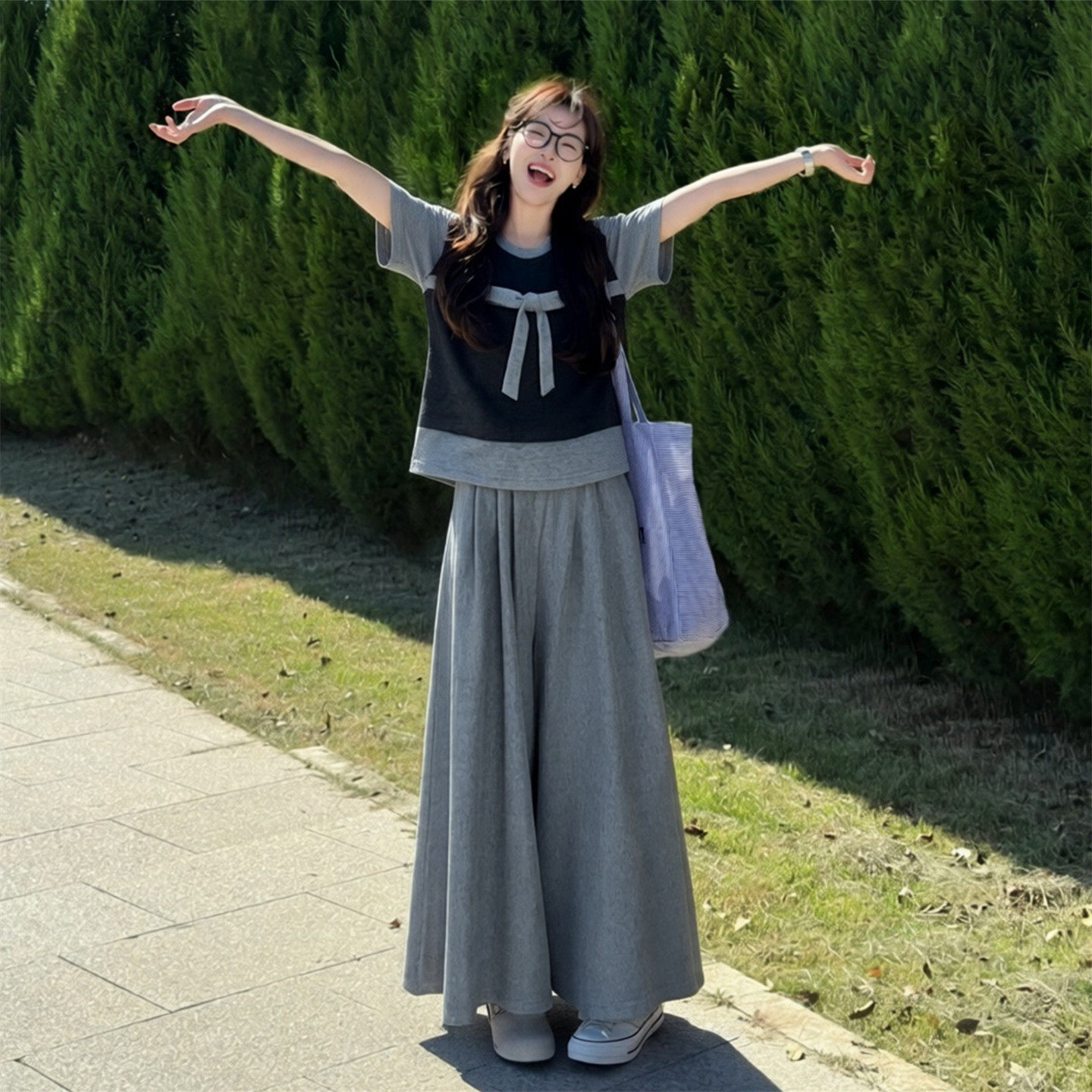 韩系学妹感休闲运动套装女夏宽松显瘦蝴蝶结短袖阔腿长裤假两件套