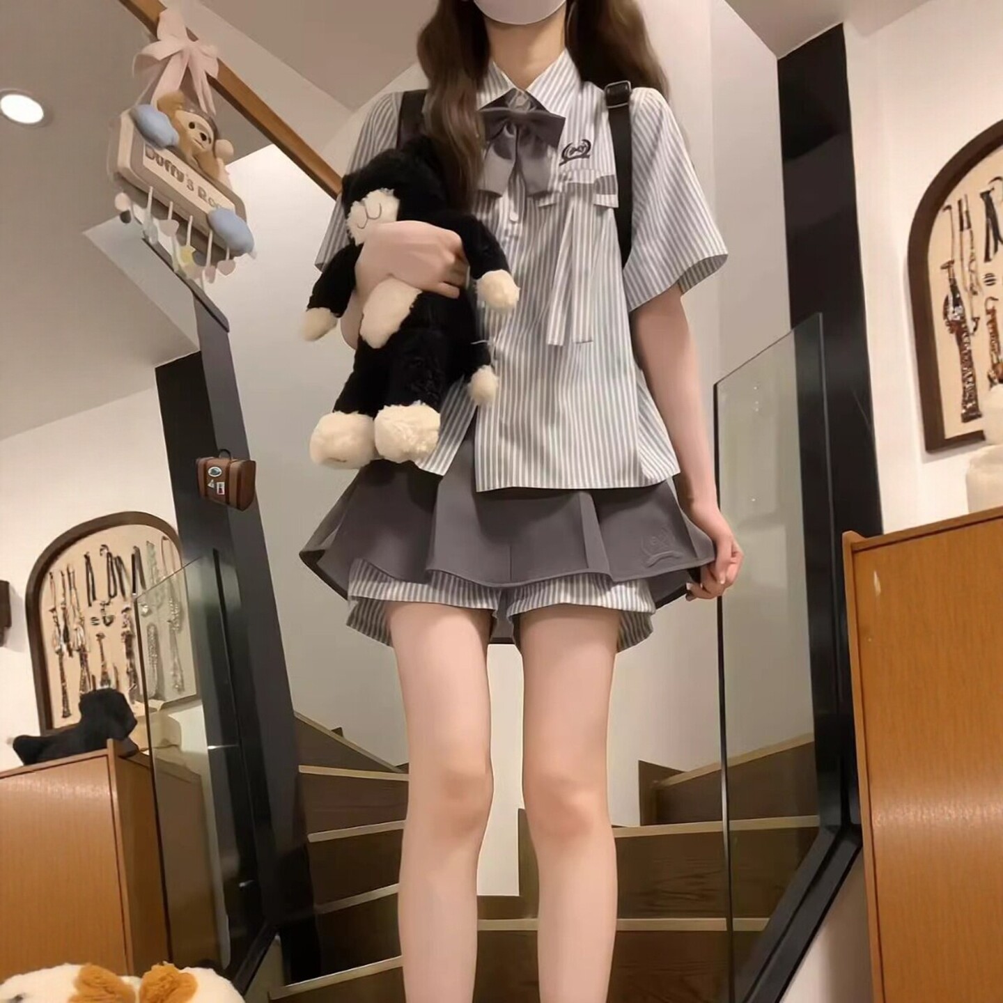 韩系学院风JK甜妹少女休闲运动套装女夏季条纹短袖衬衫短裙两件套