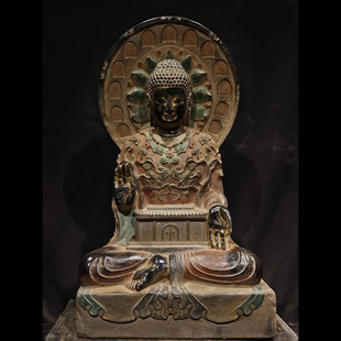 石雕仿古复古隋代青石彩绘佛像造像坐佛摆件做旧摆放家居佛堂供养