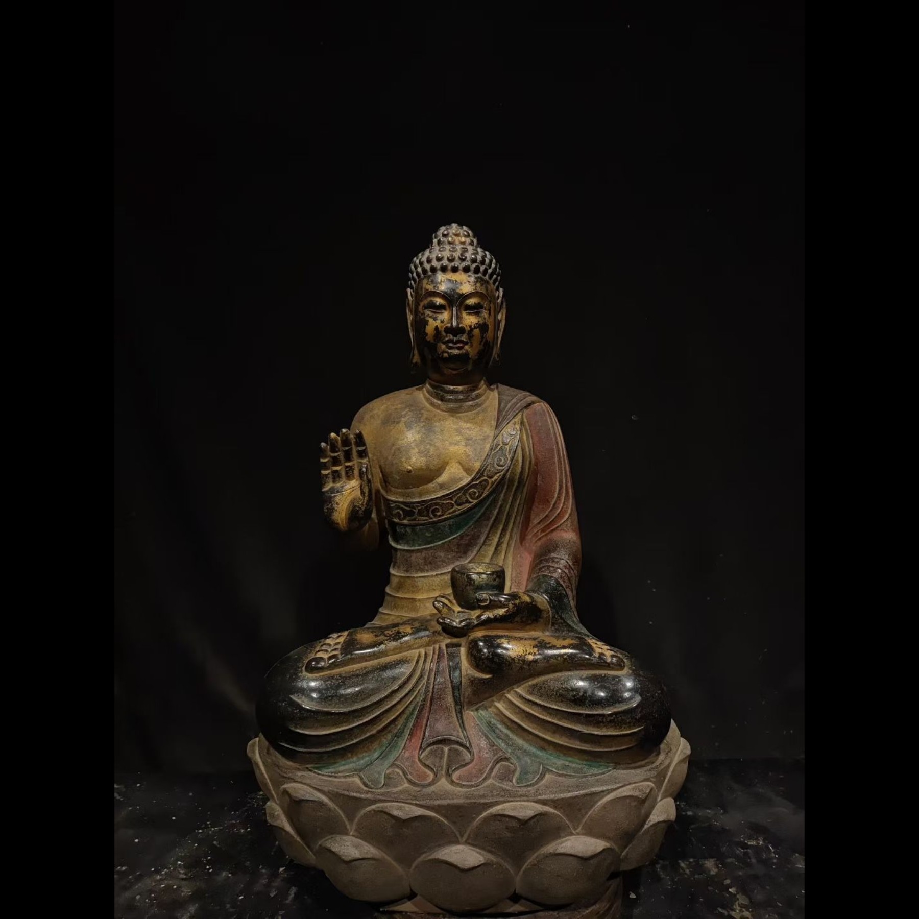 石雕仿古复古唐代彩绘佛像造像坐佛释迦摩尼摆件做旧摆放家居佛堂