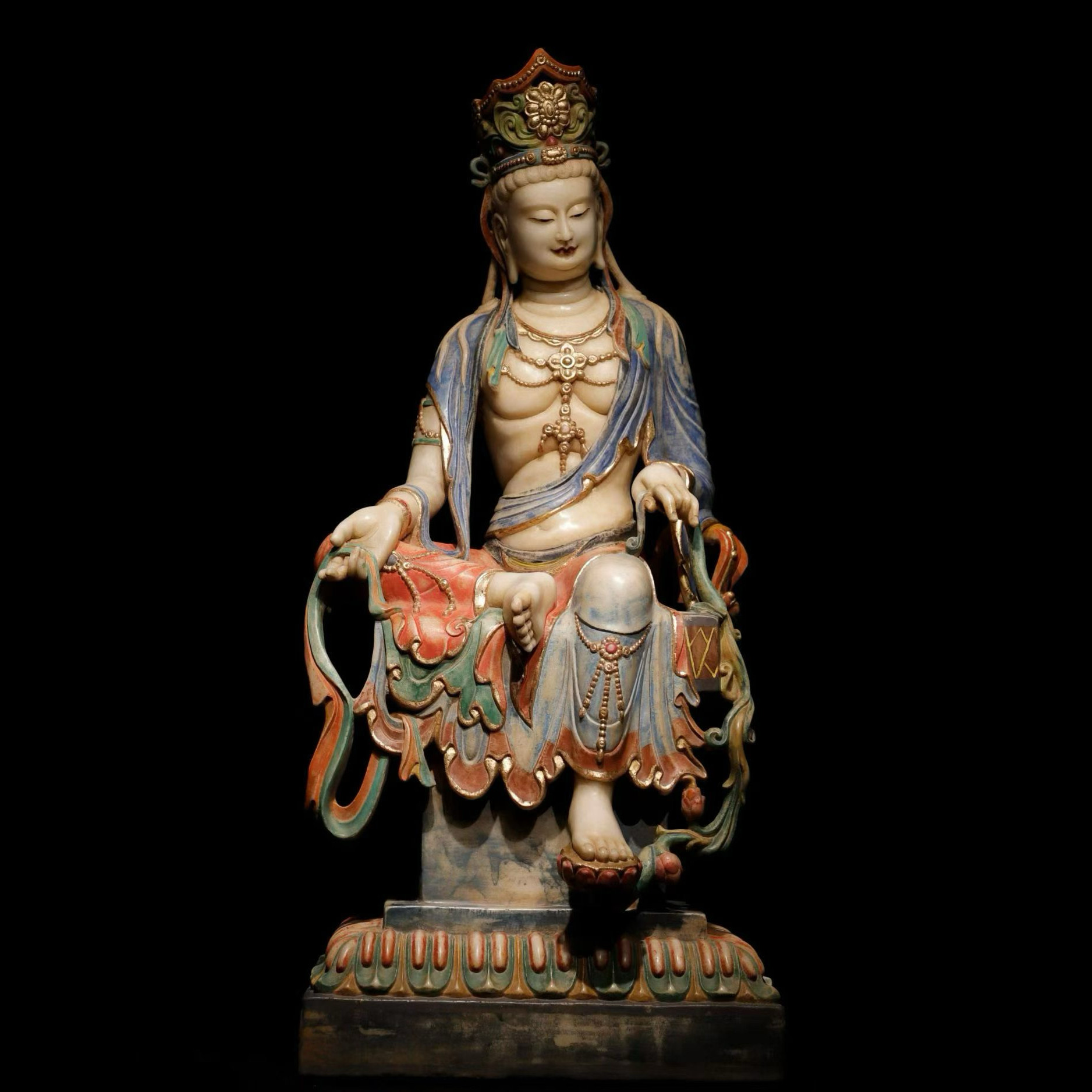 石雕复古仿古唐代汉白玉彩绘大观音菩萨佛像造像坐佛摆件做旧摆放