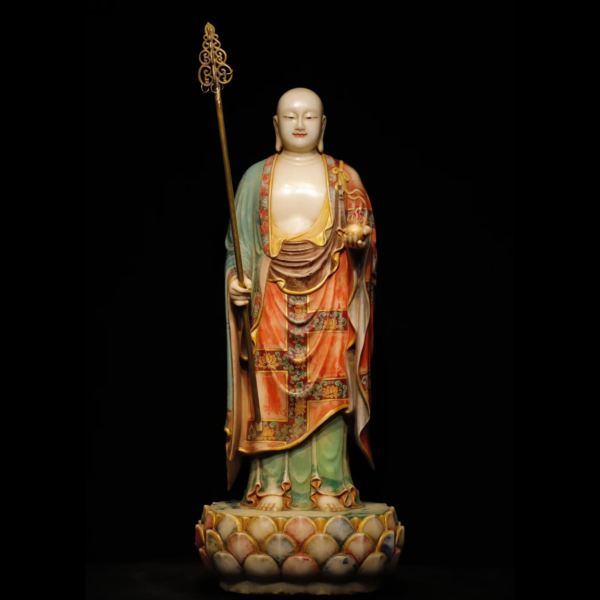 石雕仿古复古明代汉白玉彩绘地藏王菩萨佛像造像站佛摆件做旧摆放