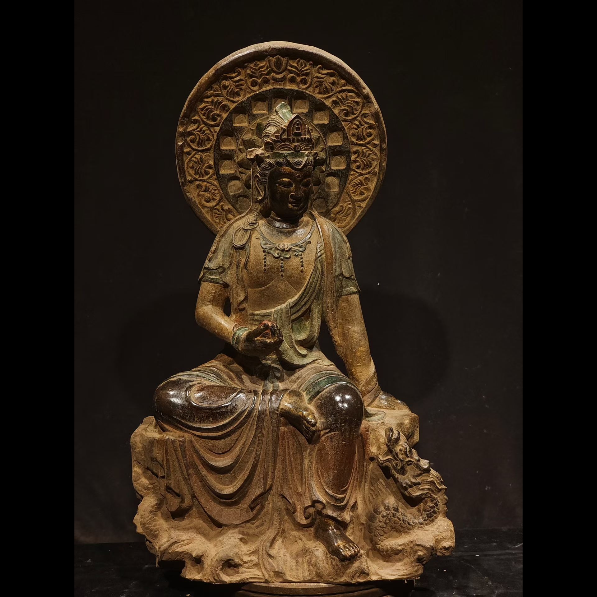 石雕复古仿古唐代青石彩绘观音菩萨佛像造像坐佛摆件做旧摆放佛堂