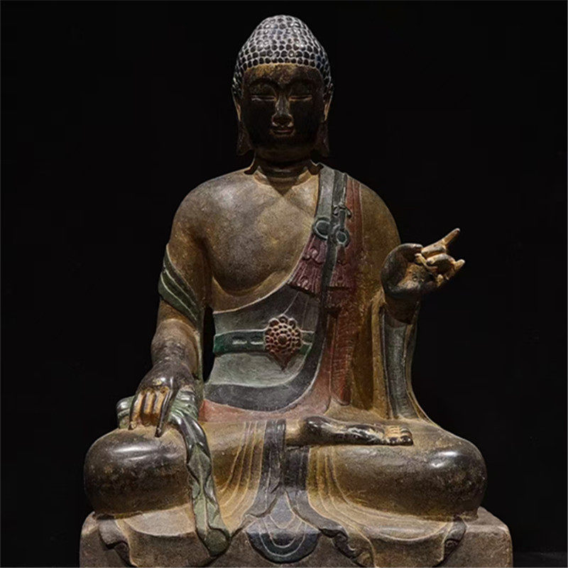 石雕复古仿古唐代青石佛像坐佛彩绘释迦摩尼摆件家居酒店饭店招财