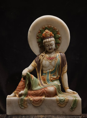 石雕仿古复古唐代汉白玉彩绘佛像造像坐佛摆件做旧摆放家居佛堂