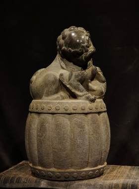 石雕仿古复古青石瑞兽石狮子鼓上狮案头狮摆件做旧摆放家居镇宅