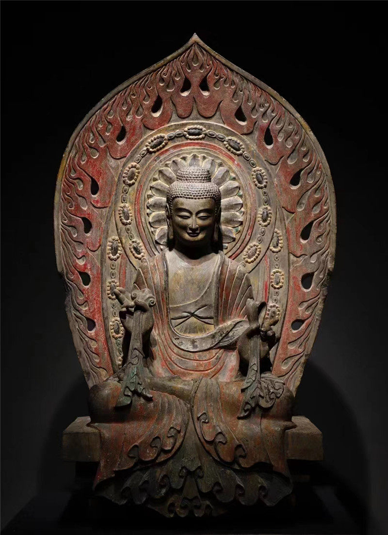 石雕复古仿古北魏青石彩绘大佛靠背工艺精美法相庄严摆件做旧佛像